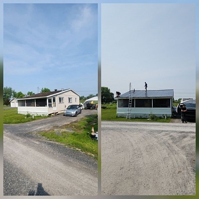 Before: Worn-out, faded shingles leaving the home vulnerable to leaks and storm damage. After: Brand-new standing seam metal roof installed by Garlow Roofing—durable, energy-efficient, and built to withstand decades of harsh North Country weather.